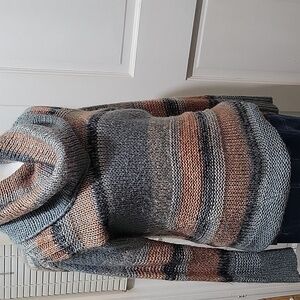 Maurices Women's Cowl Neck Sweater - Grayish Blue and Pink Stripes Oversized S